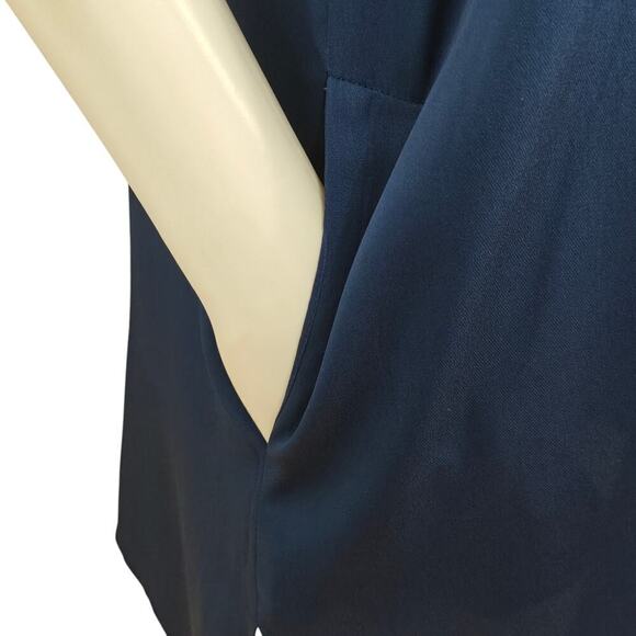 Vince Silk Tunic Shift Dress Size 2 Blue Stretch Pockets V-Neck L/S Minimalist - Picture 5 of 12